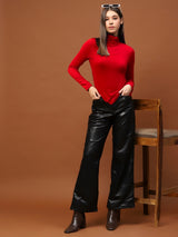 Women's Bold Red High-Neck - Statement Minimal Chic Fitted Top