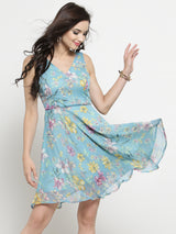 Women's Blue Printed Fit & Flare Dress