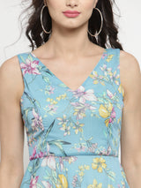 Women's Blue Printed Fit & Flare Dress