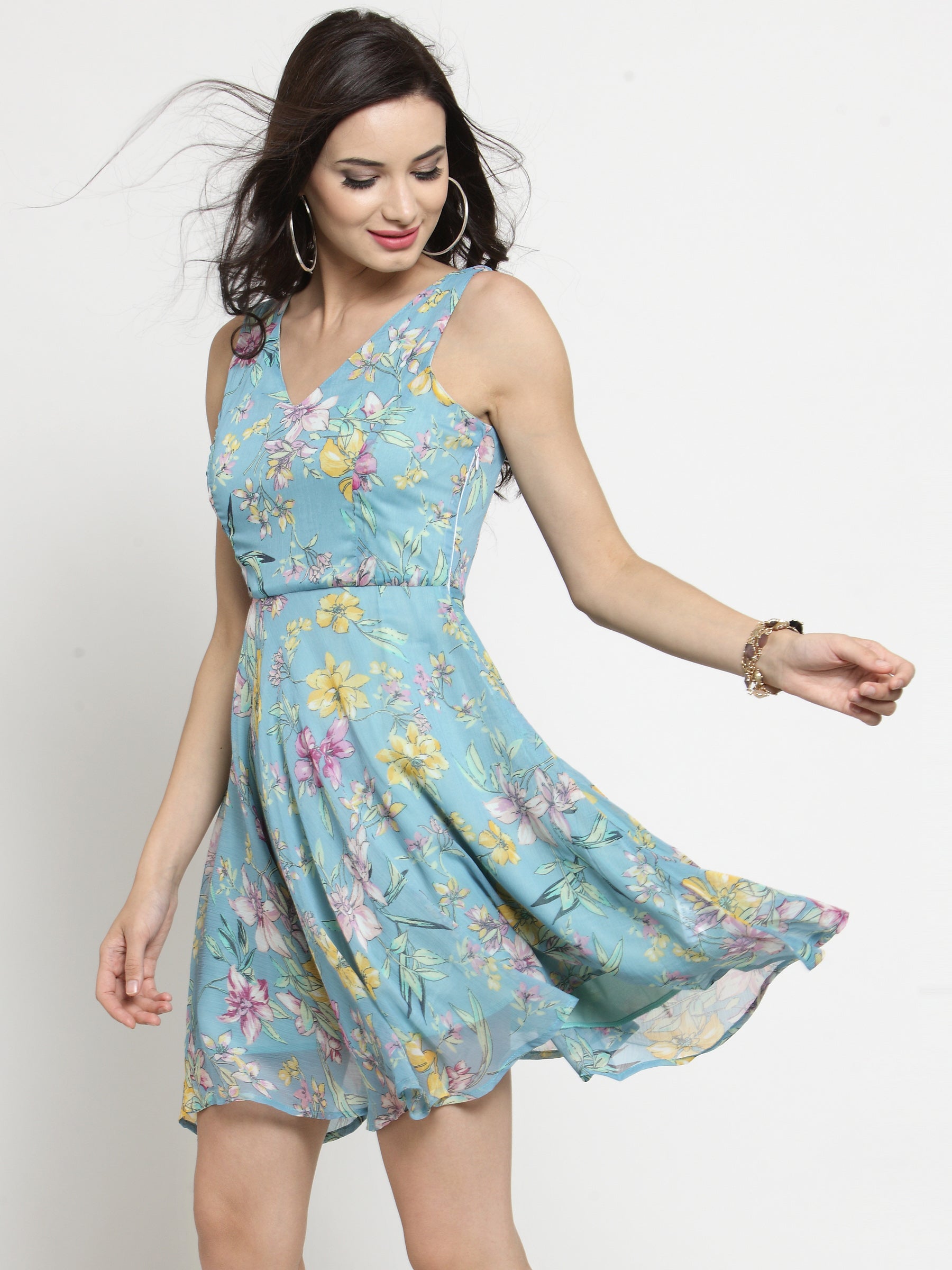 Women's Blue Printed Fit & Flare Dress