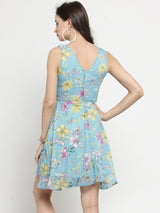 Women's Blue Printed Fit & Flare Dress