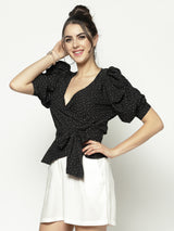 Women's Black Power Shoulders Front Tie Up Top