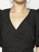 Women's Black Power Shoulders Front Tie Up Top