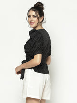 Women's Black Power Shoulders Front Tie Up Top