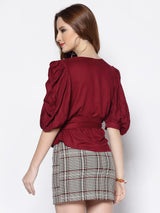 Women's Red Overlap Front Volume Sleeve Top