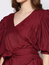 Women's Red Overlap Front Volume Sleeve Top