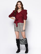 Women's Red Overlap Front Volume Sleeve Top