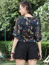 Women's Black Tropical V-neck Crop Top