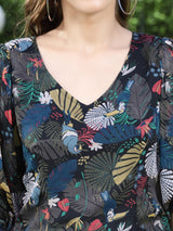 Women's Black Tropical V-neck Crop Top