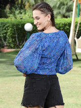 Women's Blue Abstract V-neck Crop Top