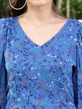 Women's Blue Abstract V-neck Crop Top