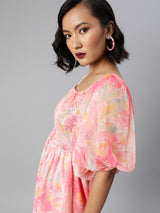 Women's Pink Smocked Volume Sleeve Dress