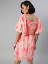 Women's Pink Smocked Volume Sleeve Dress