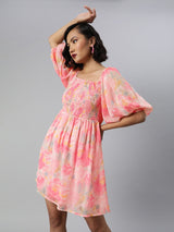 Women's Pink Smocked Volume Sleeve Dress