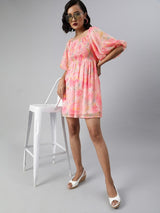 Women's Pink Smocked Volume Sleeve Dress