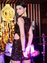 Women's Round Neck Bodycon Embellished Sleeveless Mini Party Dress