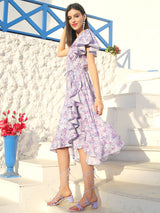 Women's Purple Solid V-neck Fit and Flare Short Sleeves Midi Dress