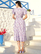 Women's Purple Solid V-neck Fit and Flare Short Sleeves Midi Dress