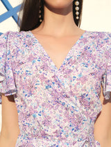 Women's Purple Solid V-neck Fit and Flare Short Sleeves Midi Dress