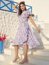Women's Purple Solid V-neck Fit and Flare Short Sleeves Midi Dress