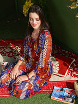 Women's Multicolor Printed Round Neck Fit and Flare Long Sleeves Knee Length Dress