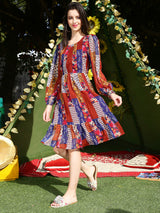 Women's Multicolor Printed Round Neck Fit and Flare Long Sleeves Knee Length Dress
