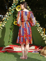 Women's Multicolor Printed Round Neck Fit and Flare Long Sleeves Knee Length Dress
