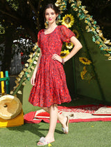 Women's Red Printed Round Neck Fit and Flare Short Sleeves Knee Length Dress