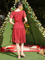 Women's Red Printed Round Neck Fit and Flare Short Sleeves Knee Length Dress
