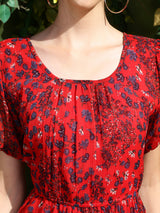 Women's Red Printed Round Neck Fit and Flare Short Sleeves Knee Length Dress