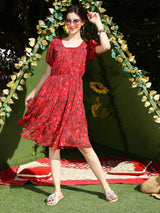 Women's Red Printed Round Neck Fit and Flare Short Sleeves Knee Length Dress