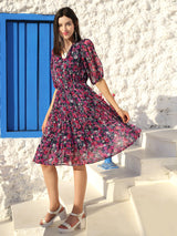 Women's Navy Printed V-neck Fit and Flare Short Sleeves Midi Dress
