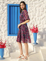 Women's Navy Printed V-neck Fit and Flare Short Sleeves Midi Dress