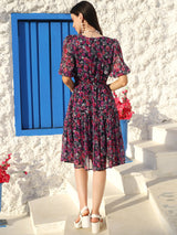Women's Navy Printed V-neck Fit and Flare Short Sleeves Midi Dress