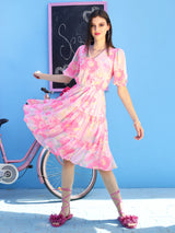 Women's Pink Printed V-neck Fit and Flare Short Sleeves Knee Length Dress