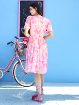 Women's Pink Printed V-neck Fit and Flare Short Sleeves Knee Length Dress