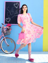 Women's Pink Printed V-neck Fit and Flare Short Sleeves Knee Length Dress