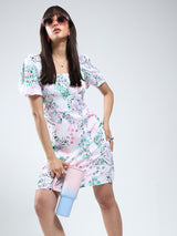 Women's White Rayon Lycra Printed Mini Dress