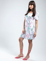 Women's White Rayon Lycra Printed Mini Dress