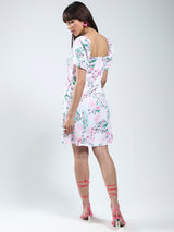 Women's White Rayon Lycra Printed Mini Dress