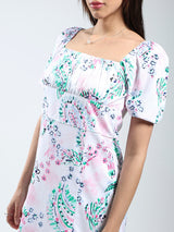 Women's White Rayon Lycra Printed Mini Dress