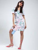Women's White Rayon Lycra Printed Mini Dress
