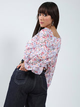 Women's White Floral Long Sleeve Wrap Top