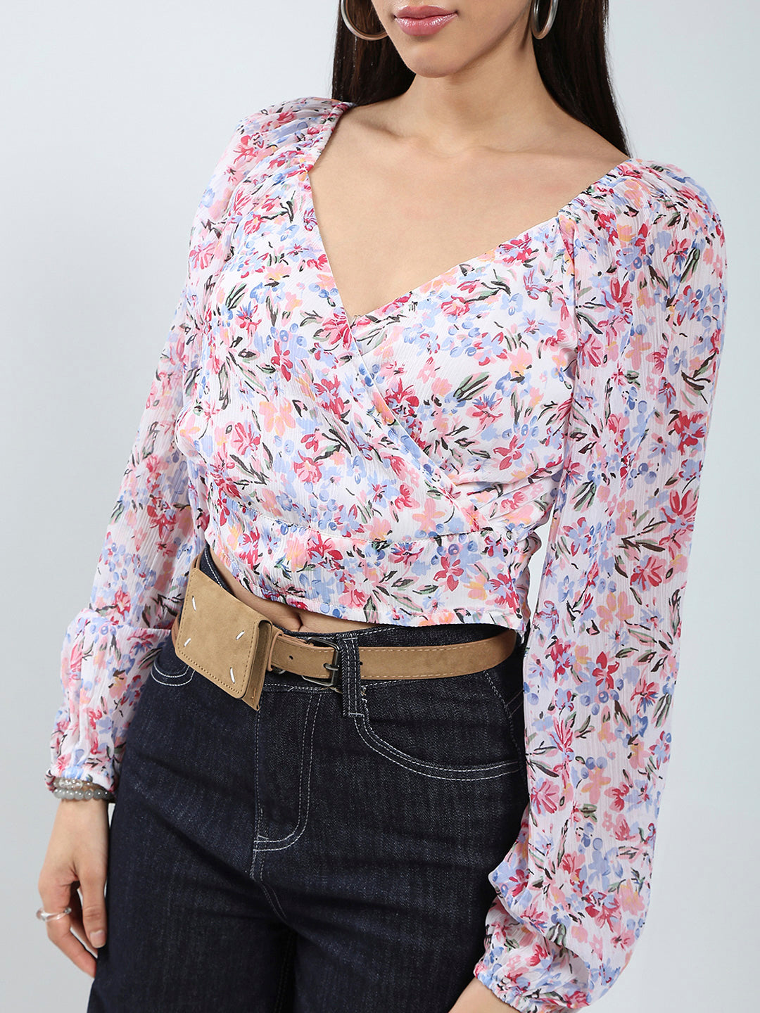 Women's White Floral Long Sleeve Wrap Top