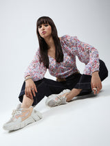 Women's White Floral Long Sleeve Wrap Top