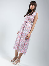Women's White Floral Midi Fit and Flare Dress