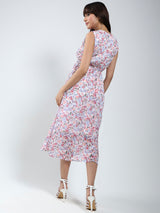 Women's White Floral Midi Fit and Flare Dress