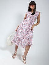 Women's White Floral Midi Fit and Flare Dress