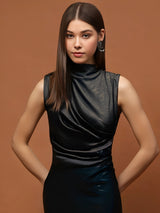 Women's Black Sleeveless Stylish Bodycon Party Wear Elegant Metallic Fitted Top