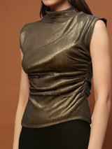 Women's Gold Sleeveless Shimmer Stylish Bodycon Party Wear Elegant Metallic Fitted Top